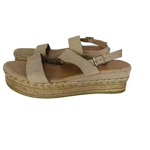BAMBOO Shoes - Bamboo Platform Espadrille Sandals Cream and Gold Canvas Woven Size 10
